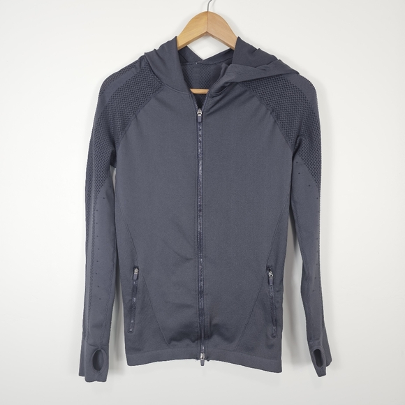 Fabletics Gray Kiley Seamless Hooded Zip Up Compression Jacket Medium - Picture 3 of 7